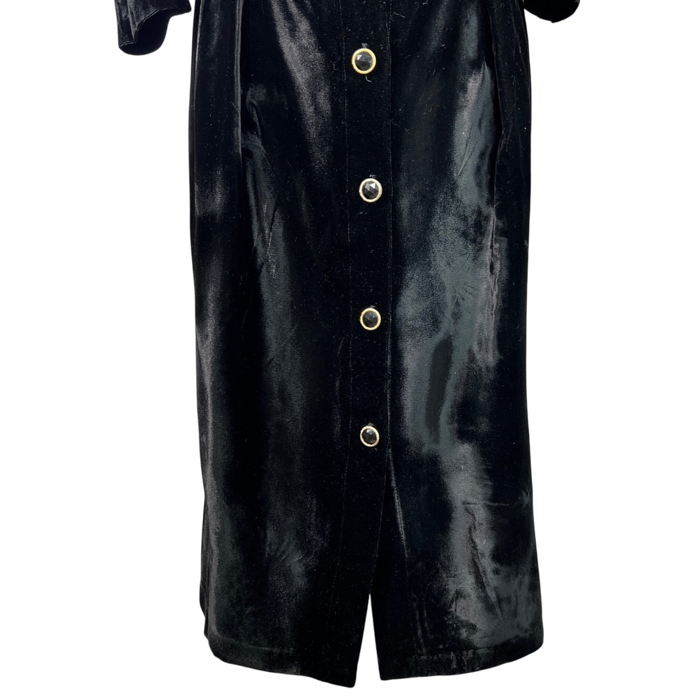 Vintage David Mitchell Black Velvet Button Front Puff Sleeve Midi DressSize 9 10 - Picture 10 of 10